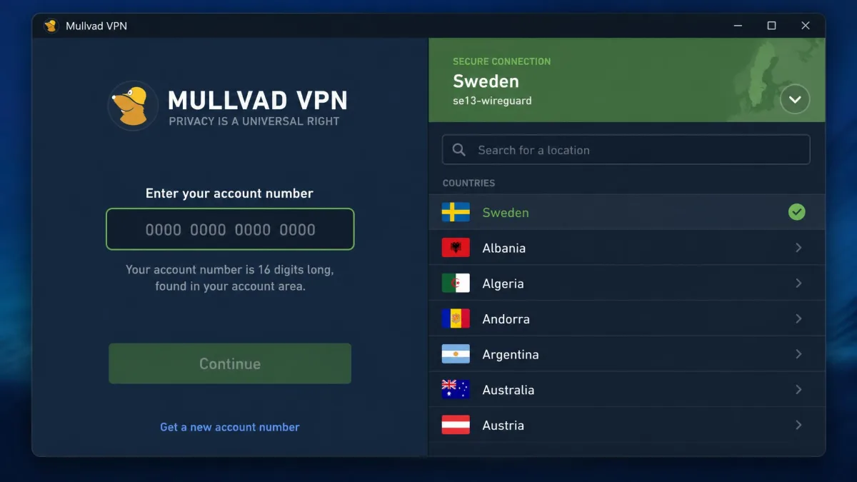 Mullvad VPN's login screen asking only for a 16-digit account number, with no email or password field, next to the location list set to a Swedish server.
