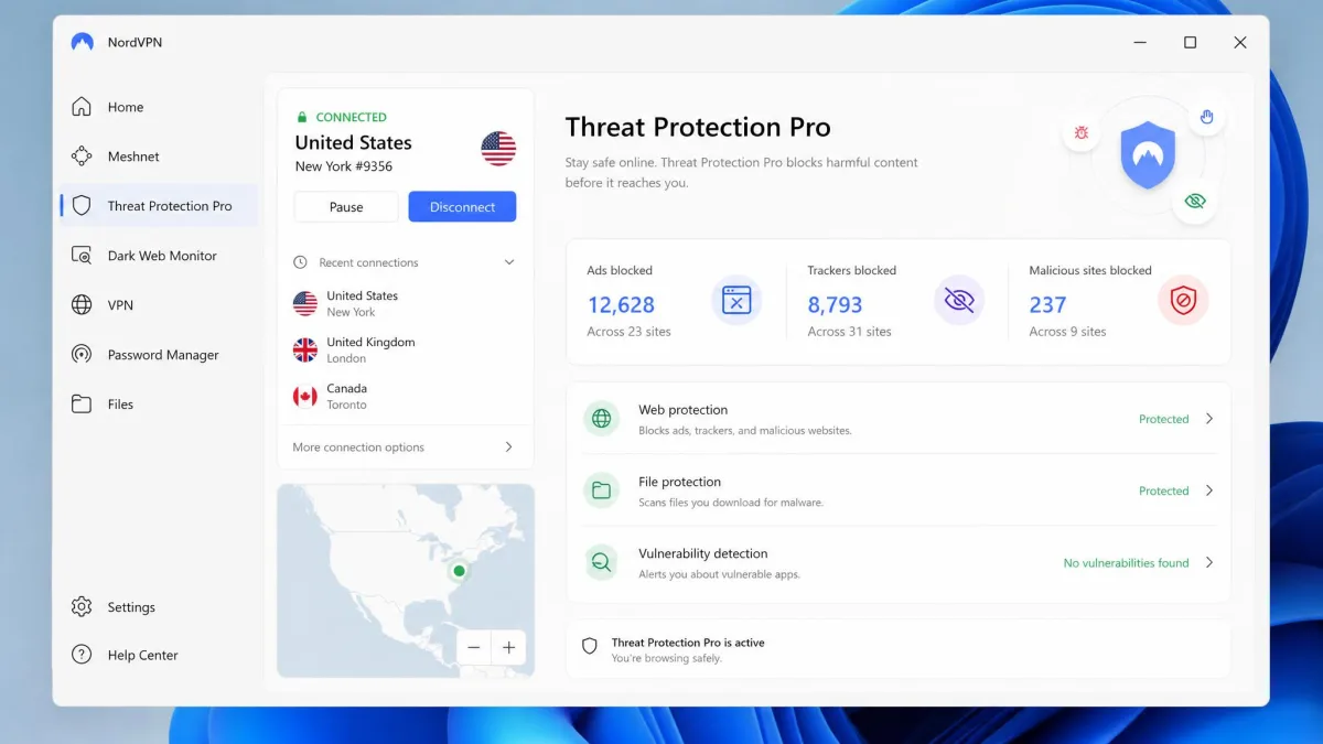 NordVPN's Windows app with the Threat Protection Pro panel open, showing counts of blocked ads, trackers and malicious sites next to the connected server location.