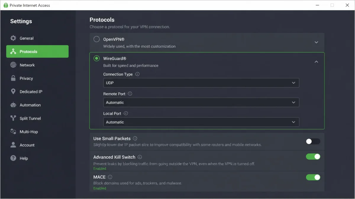 Private Internet Access settings on Windows with the Advanced Kill Switch enabled, the WireGuard protocol selected and the MACE blocker toggle switched on.