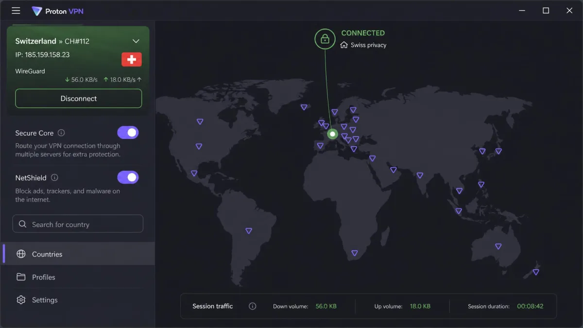 Proton VPN's Windows app connected to a Swiss server, showing the world map, the green connected status and the Secure Core and NetShield toggles in the side panel.