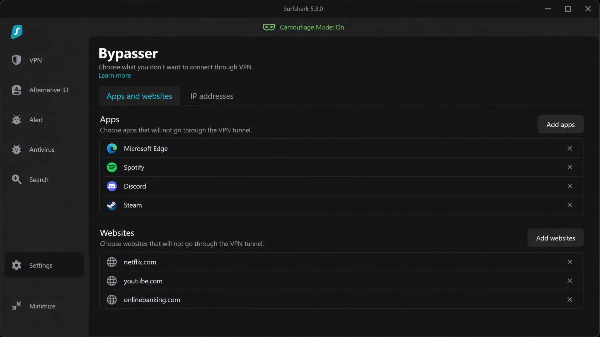 Surfshark's Bypasser settings screen on Windows, listing apps and websites excluded from the VPN tunnel, with the Camouflage Mode indicator visible at the top of the app.