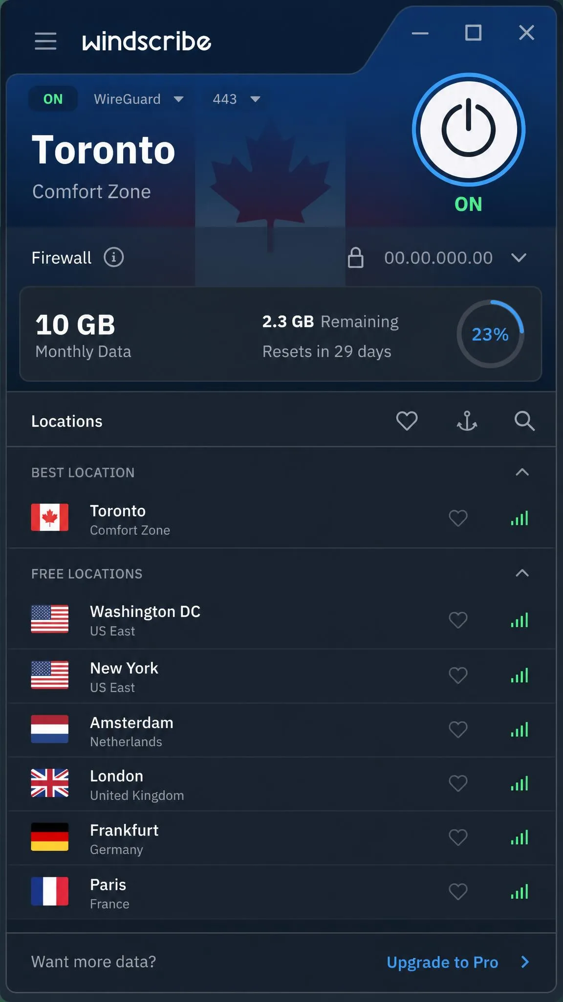 Windscribe's desktop app on the free plan, showing the remaining monthly data allowance counter and the list of free server locations.