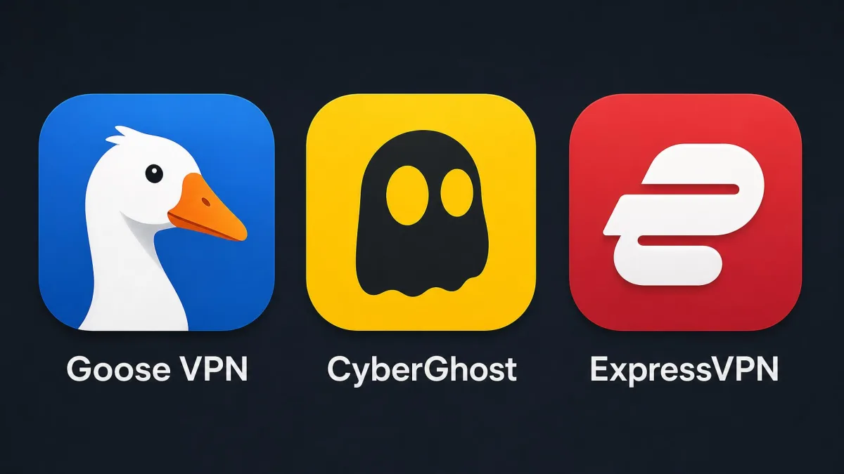 Side-by-side app icons of Goose VPN and competing VPN services CyberGhost and ExpressVPN, illustrating alternative options.