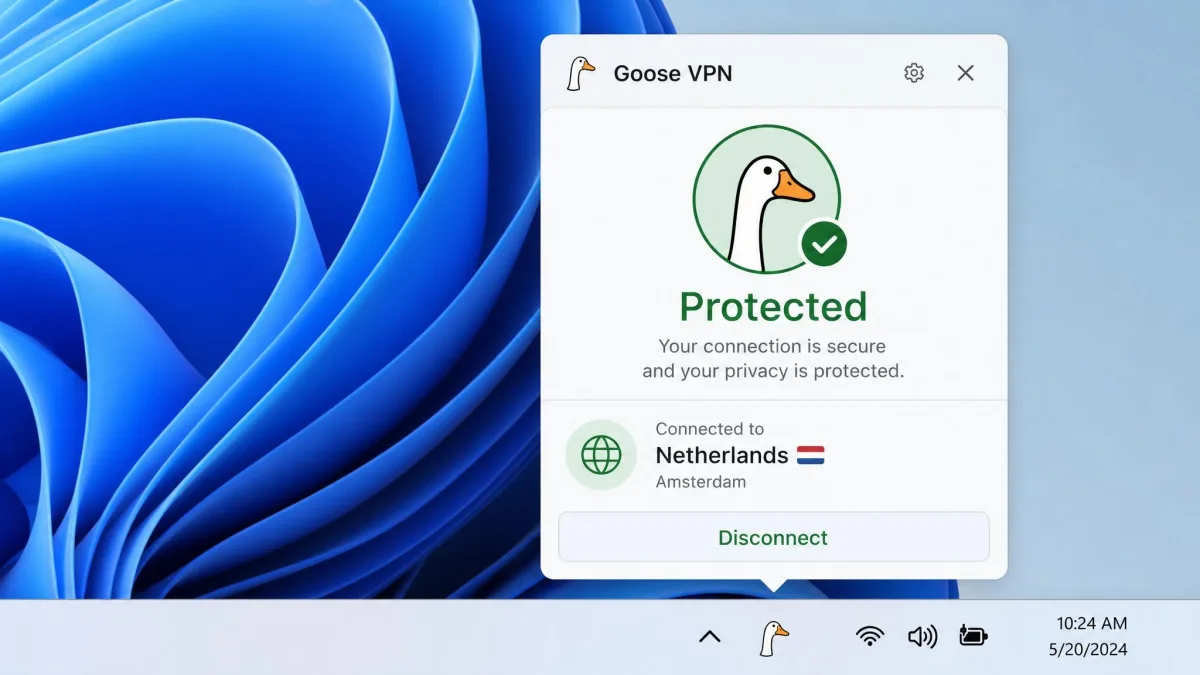 Goose VPN system tray icon and connection popup on Windows showing an active protected connection with the current server location.