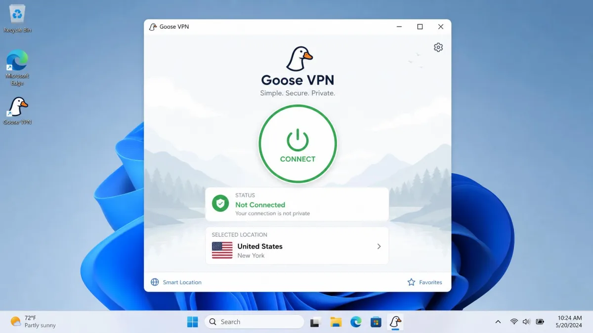 Goose VPN desktop app home screen showing the large connect button, the selected server location, and the current connection status on a Windows laptop.