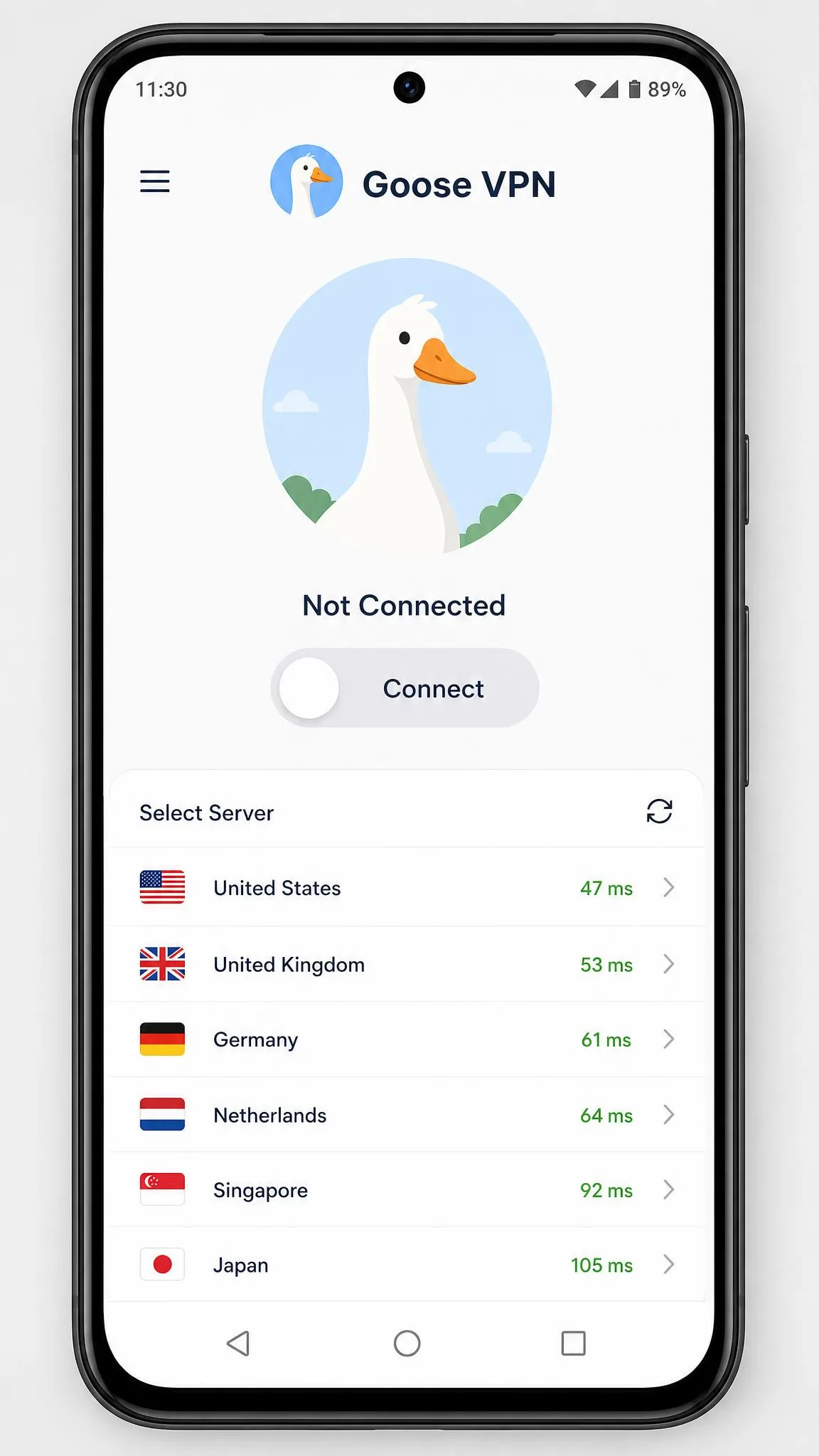 Goose VPN Android app screen showing the simple connect toggle and server list, with no visible protocol switch option, on a smartphone.