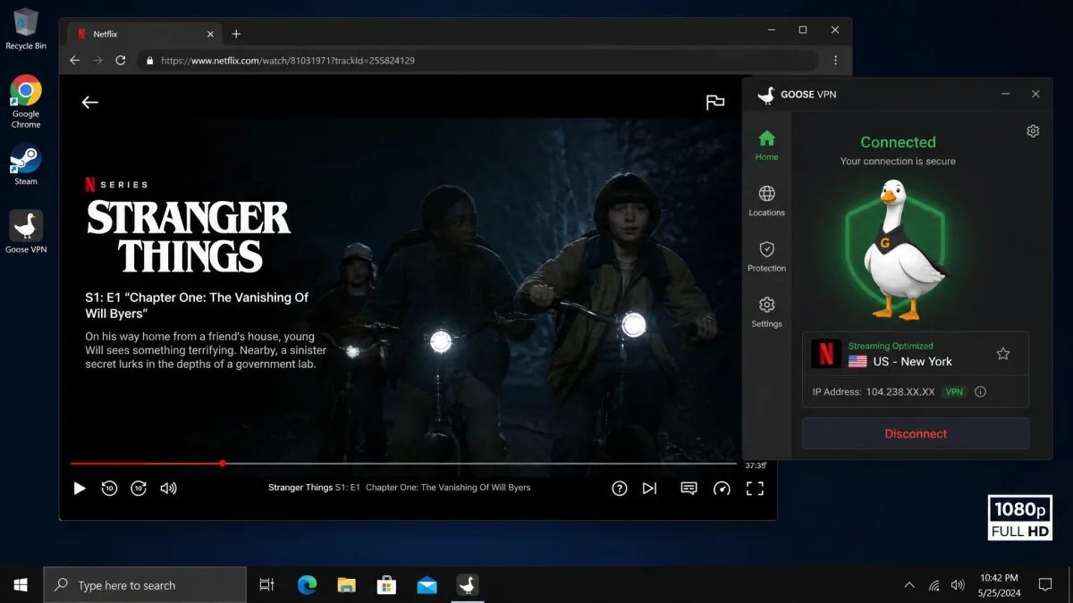 Goose VPN connected to a streaming-optimized server with Netflix playing a title in 1080p in the background on a desktop screen.