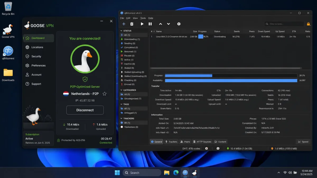 Goose VPN connected to a P2P-optimized server with a torrent client downloading a file in the background on a desktop.