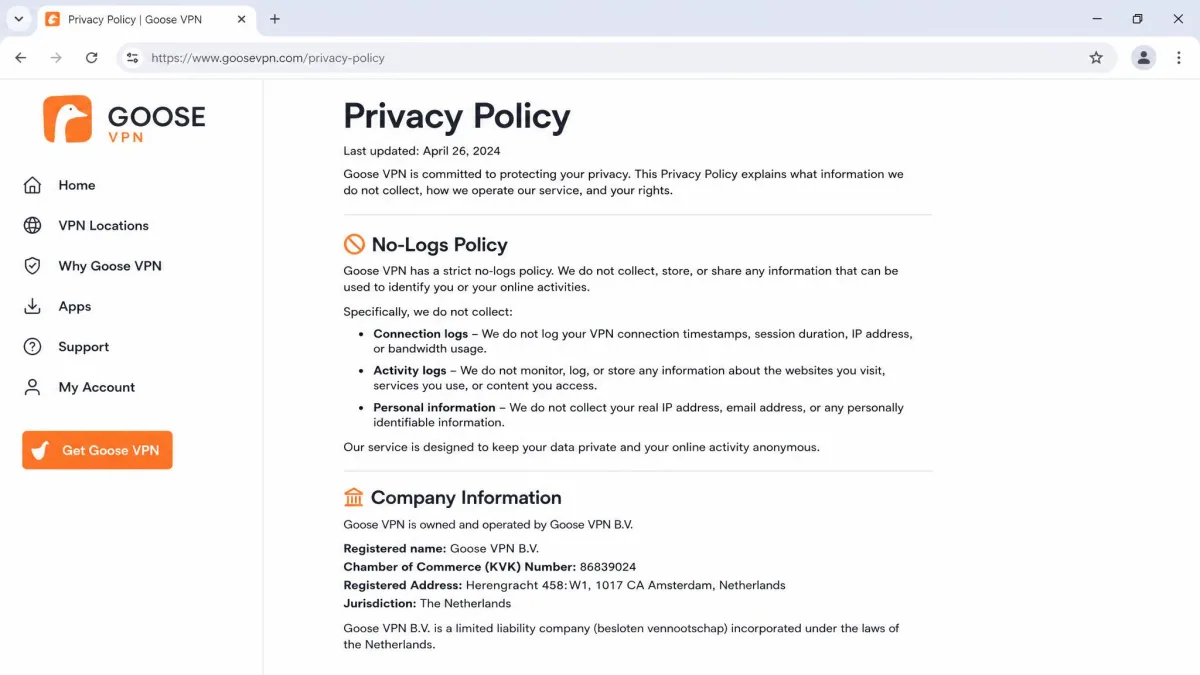 Goose VPN privacy policy web page open in a browser, with the no-logs section and Netherlands company details visible.