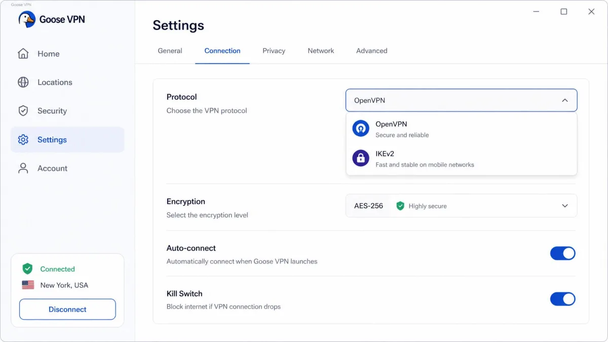 Goose VPN desktop settings panel showing the protocol selection menu with OpenVPN and IKEv2 options and the AES-256 encryption label.