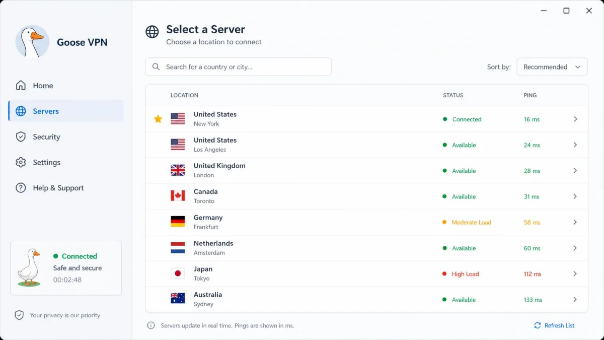 Goose VPN server selection screen listing available countries and city locations, with a search box and connection-status indicators beside each entry.
