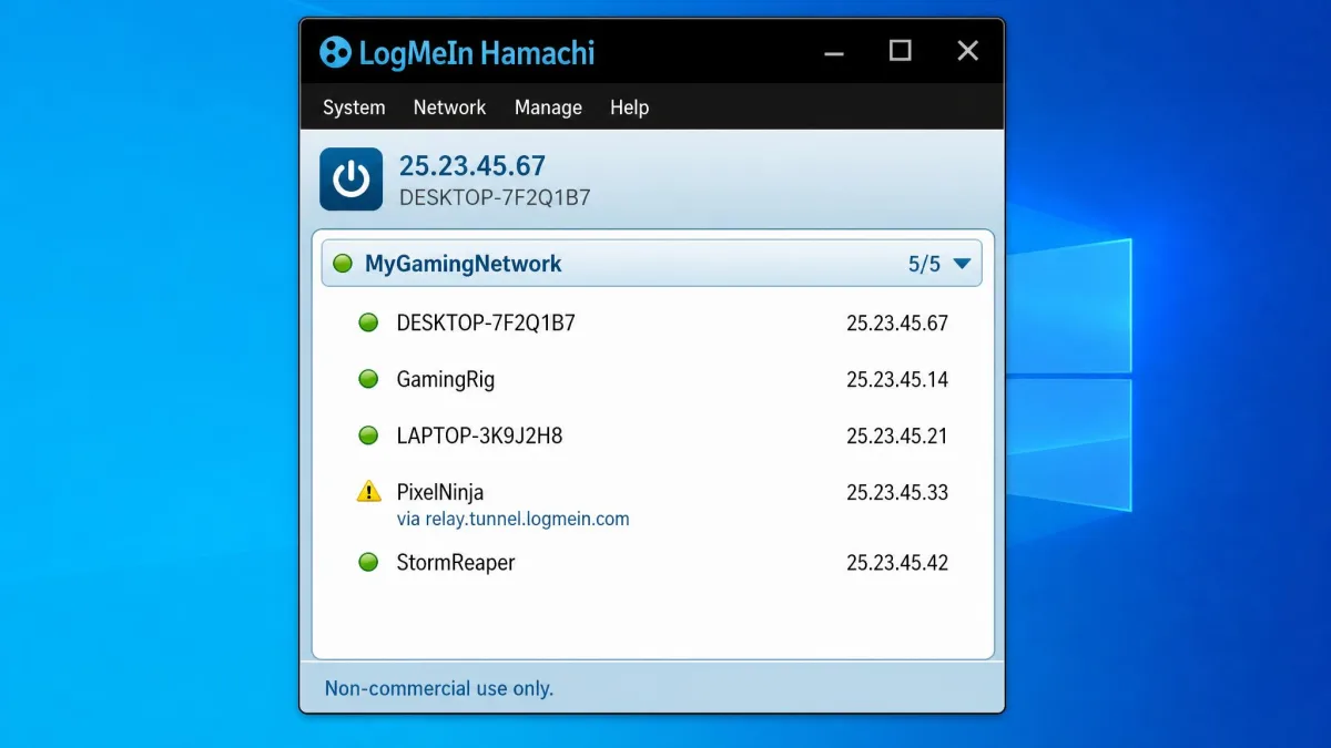 LogMeIn Hamachi's client window on Windows showing a five-member network, with a yellow triangle beside one player's name marking a relayed tunnel instead of a direct connection.