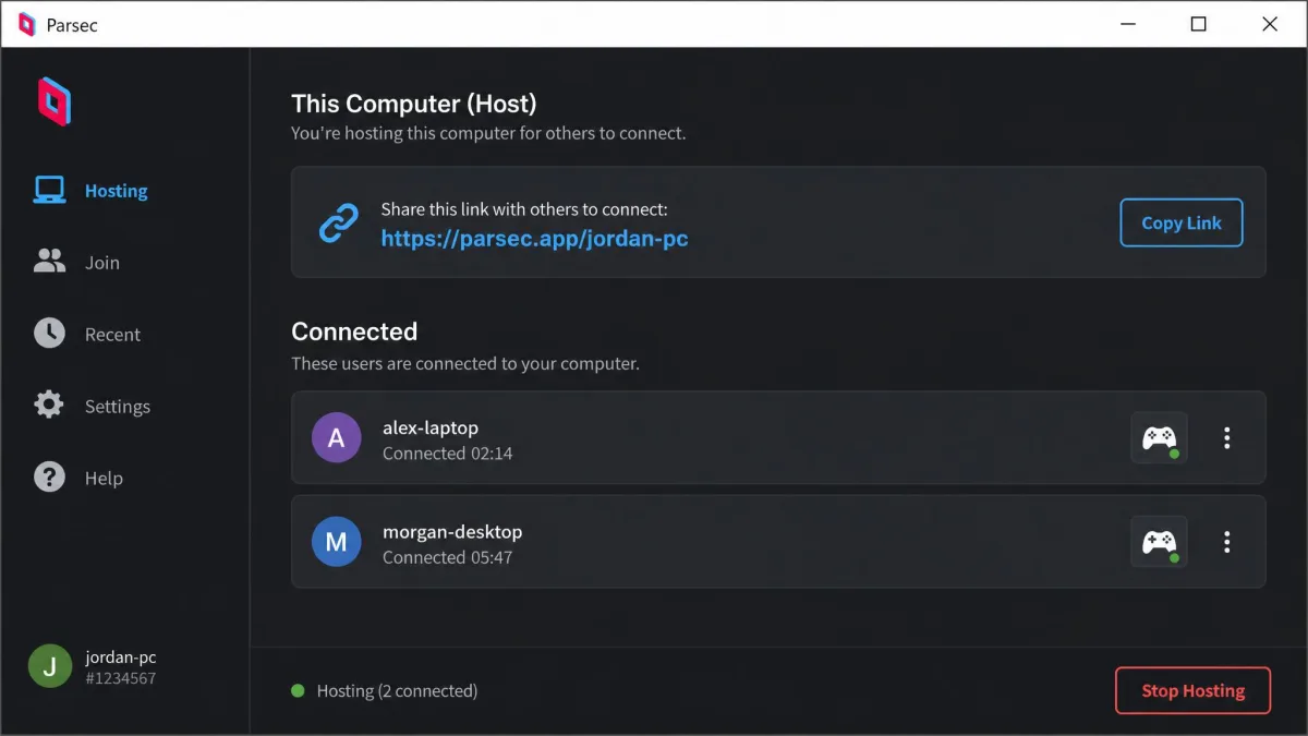 Parsec's host window on Windows showing a shared desktop link and two connected guests, each with a gamepad icon indicating controller input is passed through.