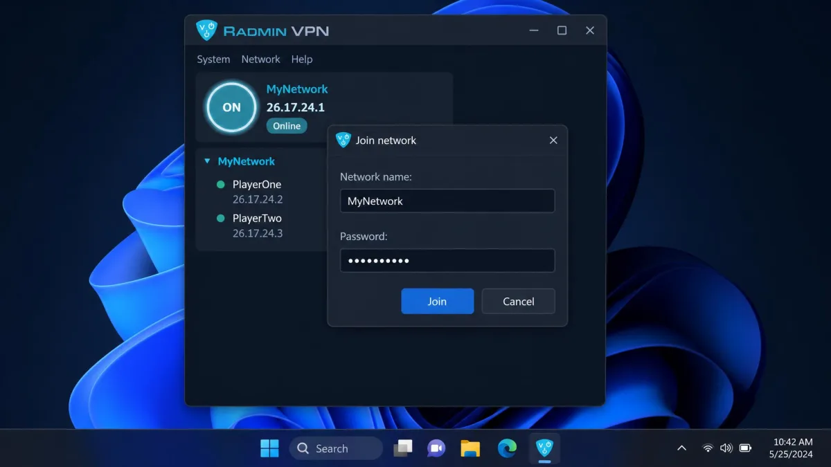 Radmin VPN's Join network dialog on Windows 11, with fields for the network name and password filled in and two connected players listed in the main window behind it.