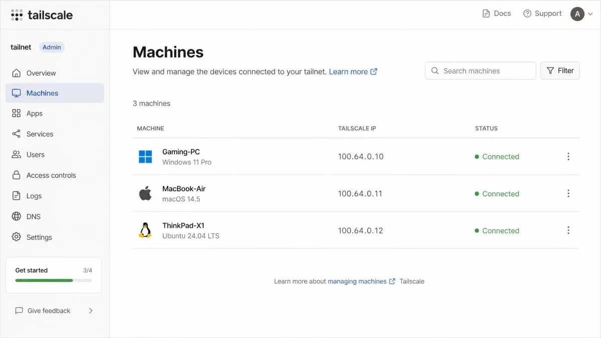 Tailscale's admin console Machines page listing a Windows gaming PC, a MacBook and a Linux laptop, each with its Tailscale IP address and a Connected status.