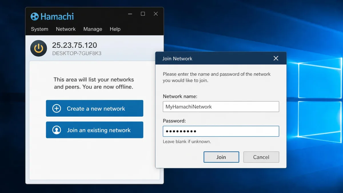 The Hamachi desktop client's main menu showing the Create a new network and Join an existing network buttons, with the network name and password entry dialog open.