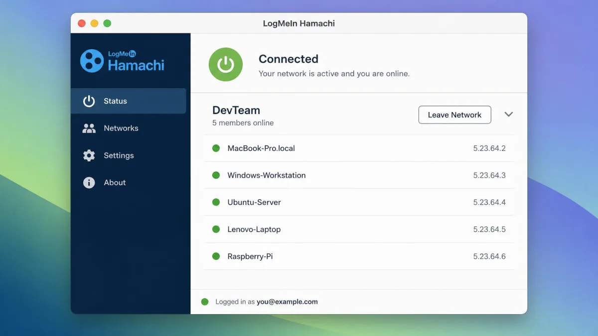 The Hamachi client running on macOS, showing a connected network with member virtual IP addresses and green status dots in the native Mac interface.