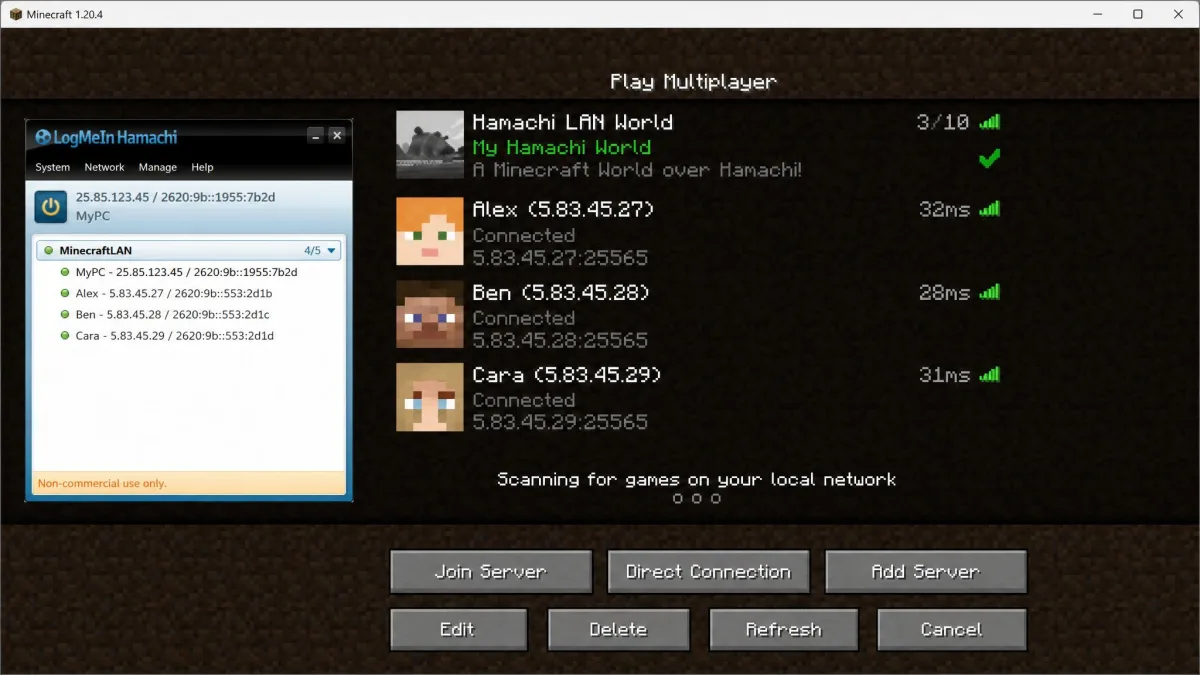 A Minecraft LAN world being hosted over a Hamachi network, with the multiplayer server list showing friends connected through their Hamachi virtual IP addresses.