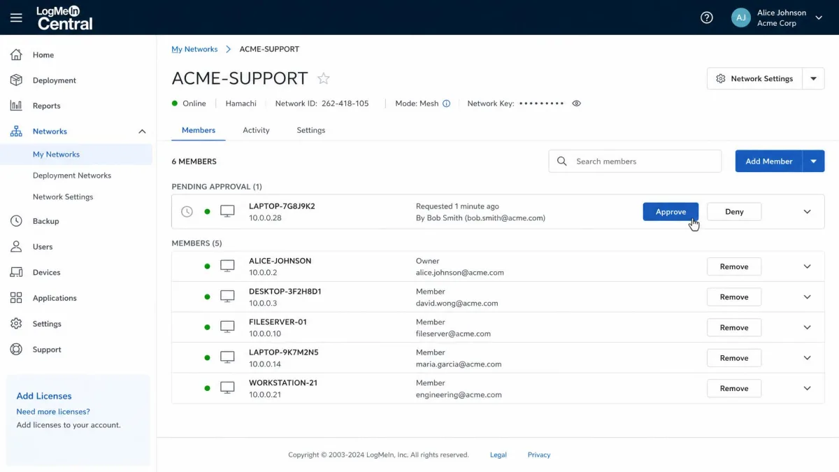 The LogMeIn Central web console showing a Hamachi network's member list, with an admin approving a pending member and options to remove existing peers.