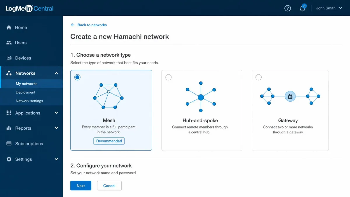 The Hamachi network creation screen in LogMeIn Central showing the three network type options: mesh, hub-and-spoke, and gateway, with mesh selected.