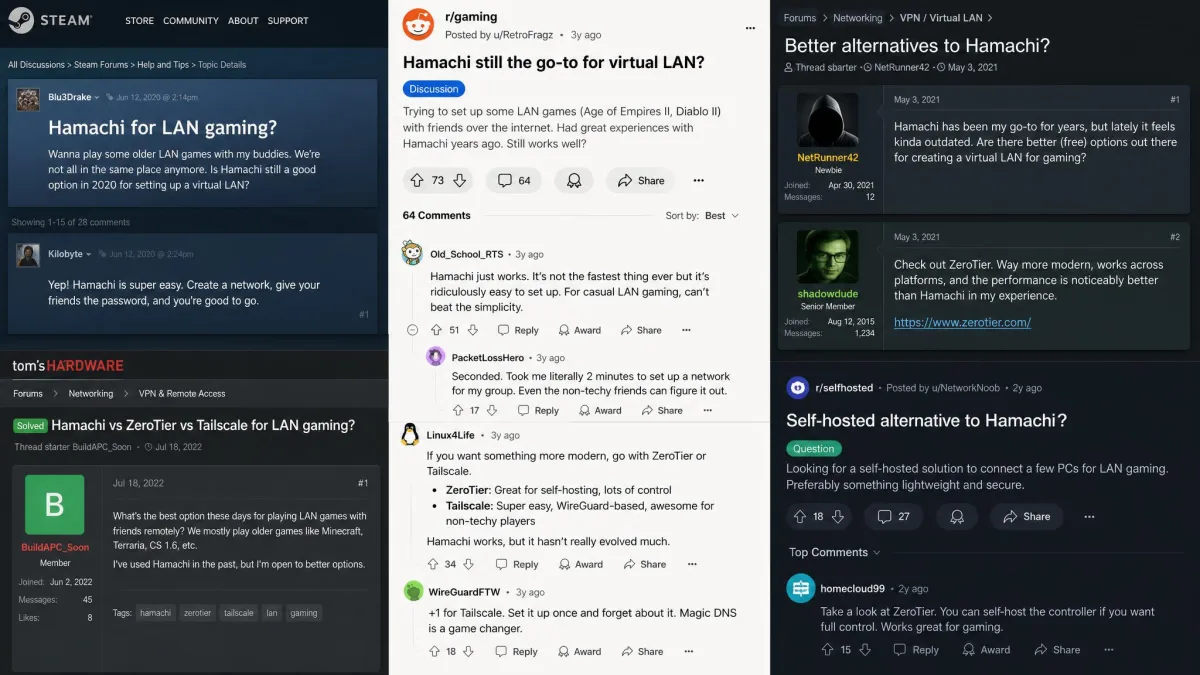 A collage of gaming forum and Reddit threads discussing Hamachi for LAN gaming, with comments praising its ease of use alongside others recommending ZeroTier or Tailscale instead.