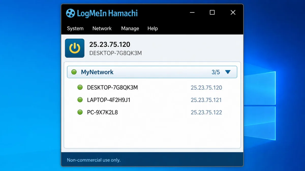 Screenshot of the Hamachi Windows client showing a connected network with three members listed, each with a green status dot and its virtual IP address.