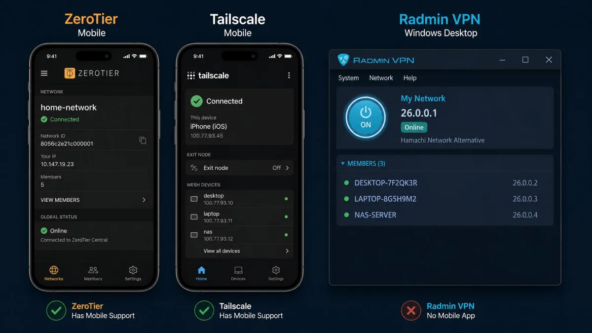Three phone screens side by side showing the ZeroTier and Tailscale mobile apps connected to a network, next to the Radmin VPN Windows desktop client, illustrating which Hamachi alternatives offer mobile support.