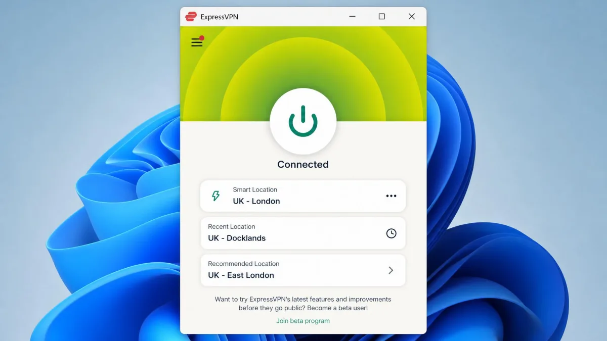 ExpressVPN's desktop app showing the large round connect button in the connected state, with Smart Location selected and a UK server listed underneath.