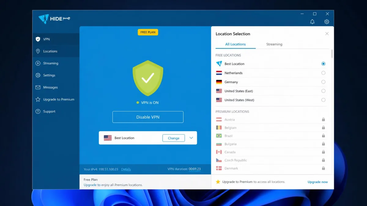 hide.me's Windows app on the free plan with the location list open, showing the handful of free server locations available and the remaining Premium locations greyed out with a lock icon.