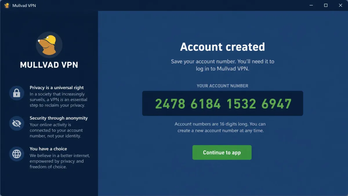 Mullvad VPN's account creation screen displaying a freshly generated 16-digit account number, with no email or name fields on the page.