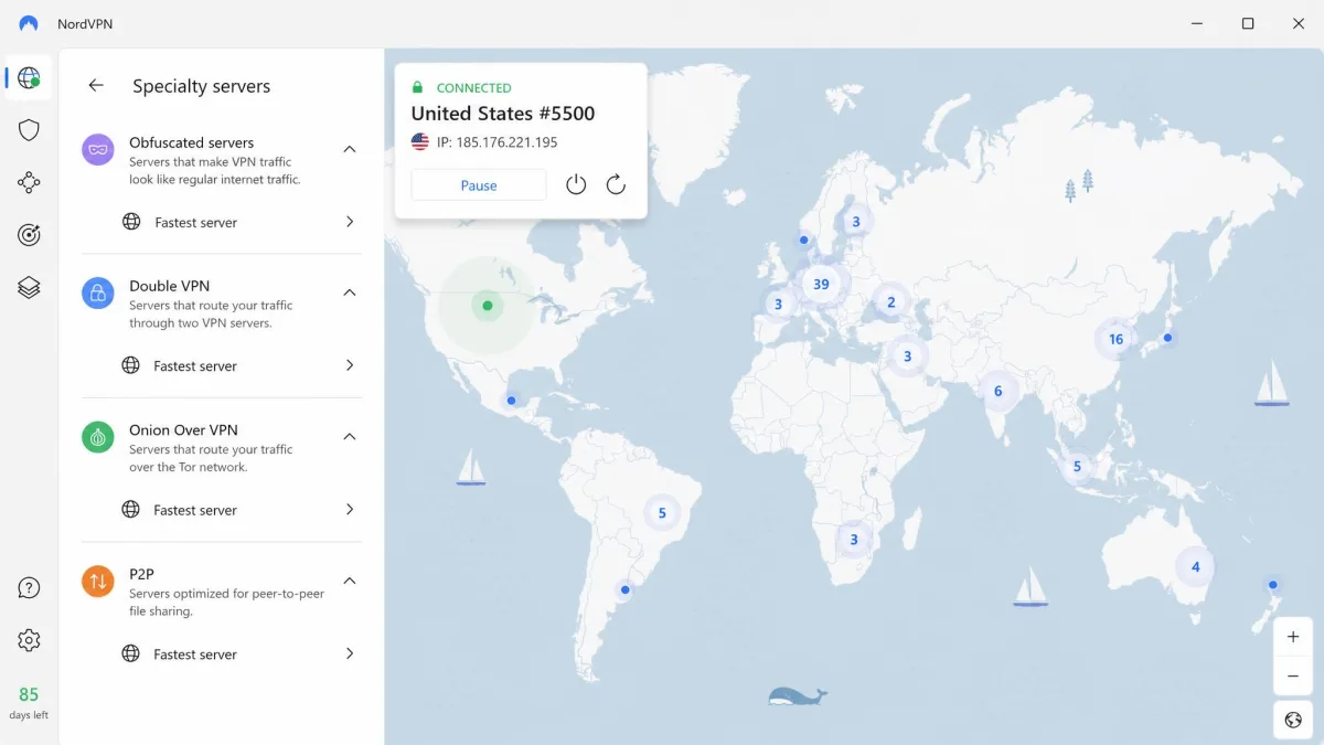 NordVPN's Windows app showing the Specialty servers panel with Obfuscated, Double VPN, Onion Over VPN and P2P groups listed beside the world map.