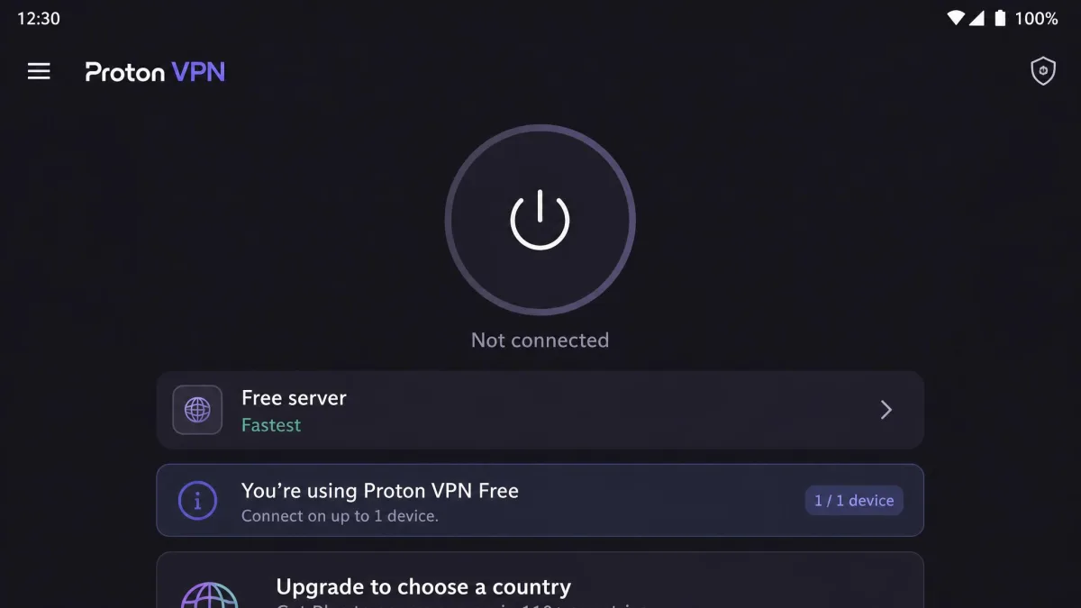 Proton VPN's free plan connect screen on Android, showing the Free server label, the single-device notice and the upgrade prompt for choosing a country.