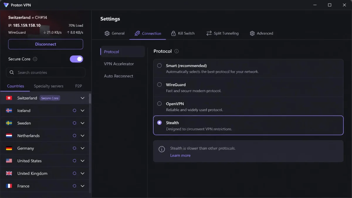 Proton VPN's desktop app with the Protocol settings open and Stealth selected, next to the Secure Core toggle and the country list on the left.