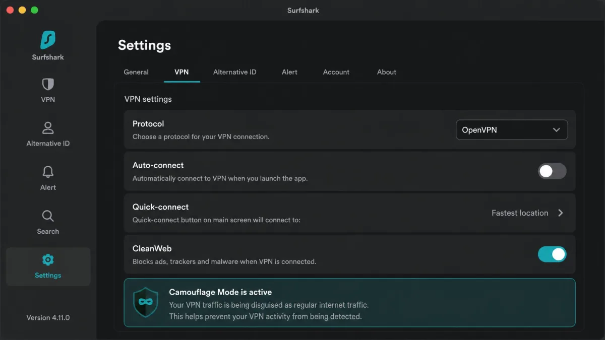 Surfshark's app settings screen with the protocol set to OpenVPN and a note confirming Camouflage Mode is active, disguising VPN traffic as regular internet traffic.