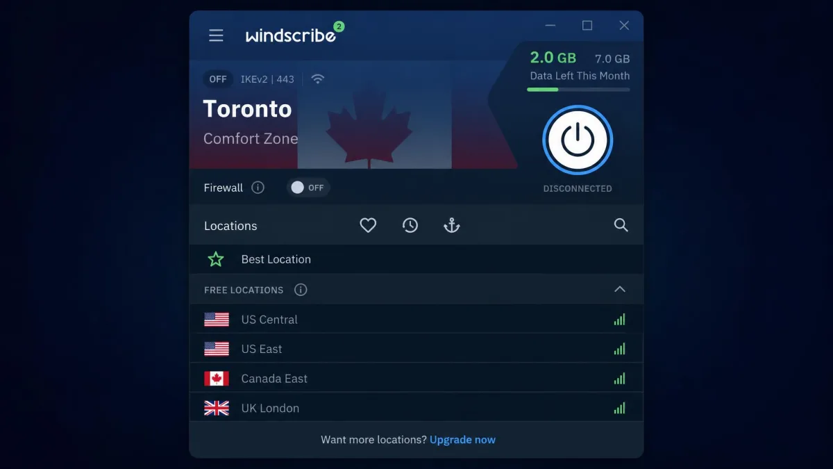 Windscribe's desktop app on the free plan, showing the remaining monthly data counter in the corner and the list of free server locations below the connect button.