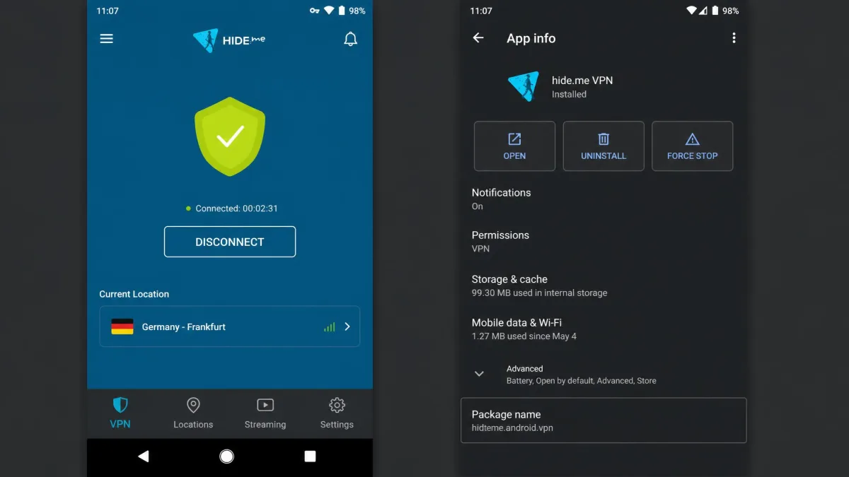 The official hide.me VPN Android app connected to a server, showing the connect button, the current location, and the package name hideme.android.vpn in the app info panel.