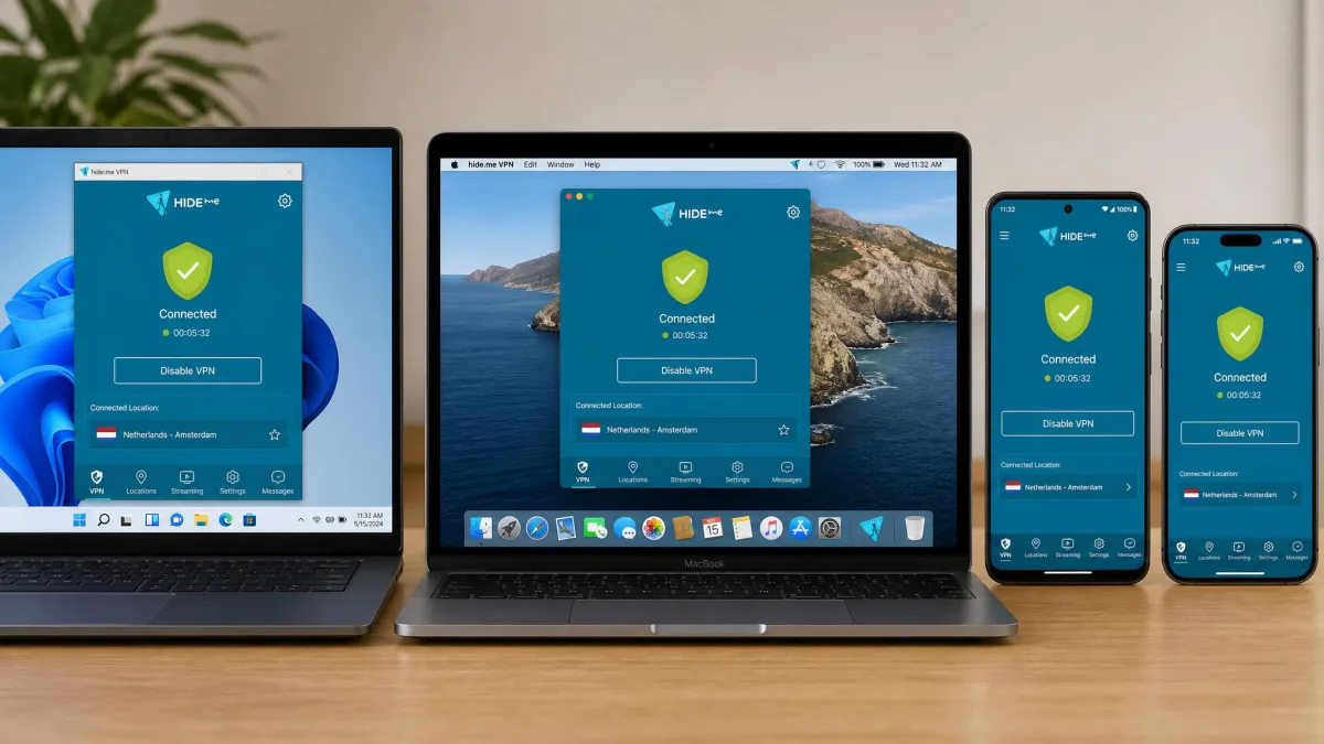 The hide.me VPN app shown running side by side on a Windows laptop, a MacBook, an Android phone, and an iPhone, each in the connected state.