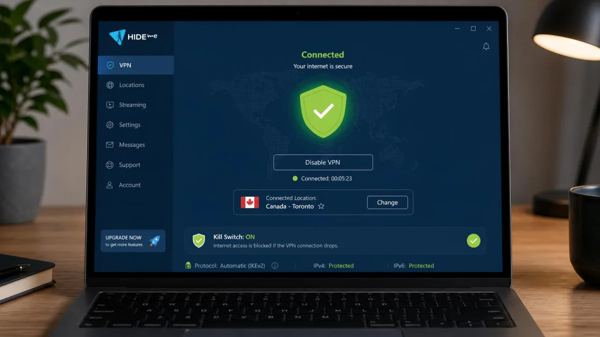 The hide.me VPN app in its fully connected state on a laptop, showing a protected connection with the kill switch active and a green secured-connection status indicator.