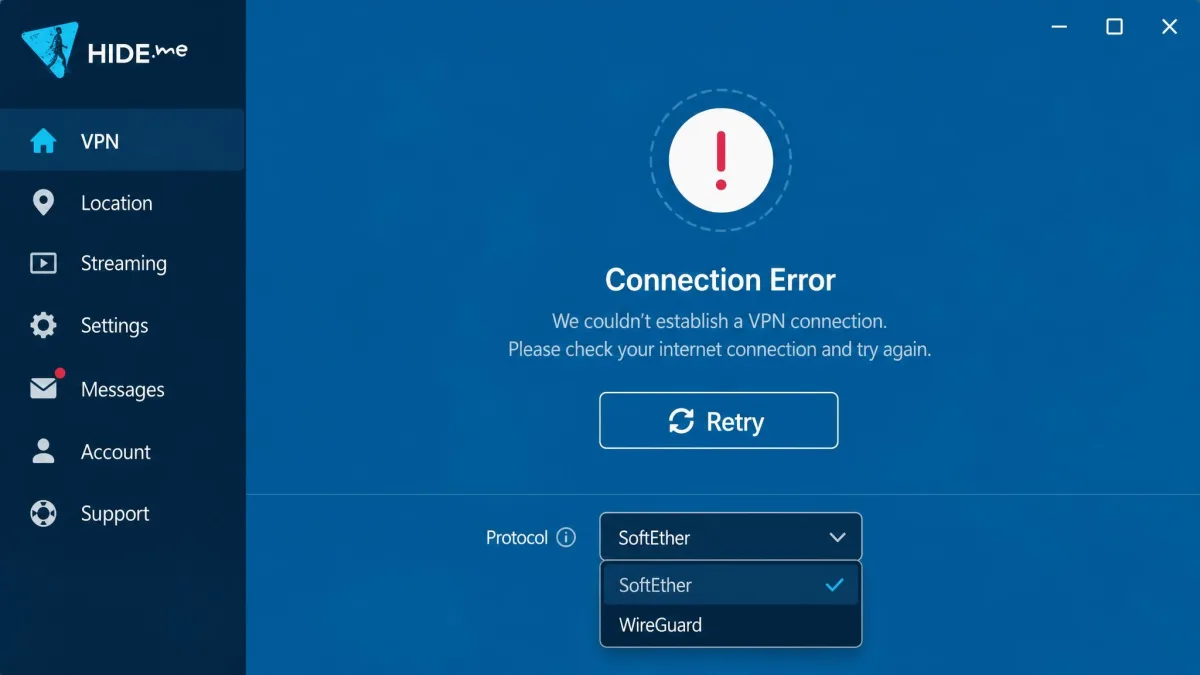 The hide.me VPN app displaying a connection error message with a retry button, next to the protocol selector where a user can switch from SoftEther to WireGuard.