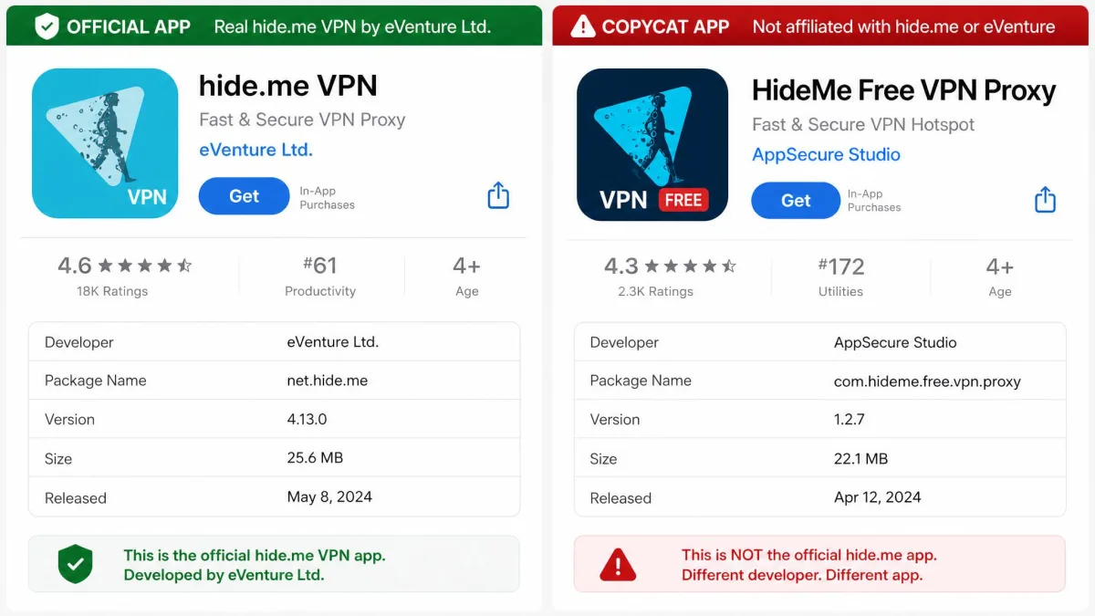 Side-by-side app store listings contrasting the official hide.me VPN app by eVenture with a copycat HideMe Free VPN Proxy listing, highlighting the different developer names and package IDs.