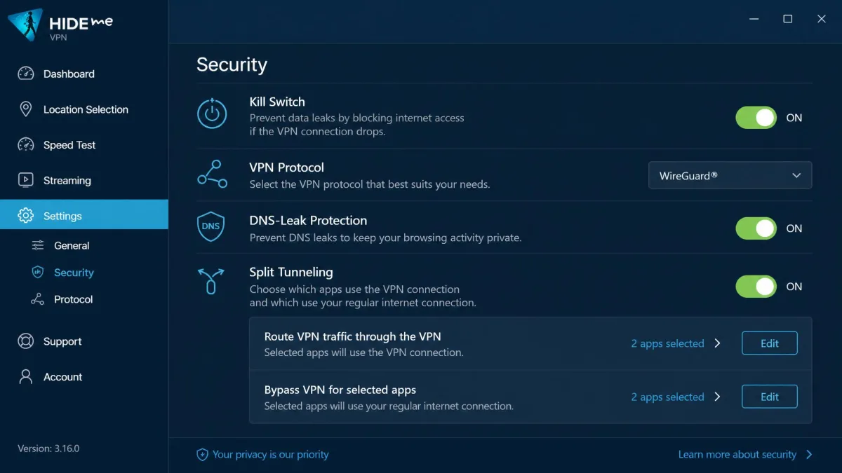 The hide.me VPN security settings panel showing the kill switch toggle, protocol selector, DNS-leak protection, and split tunneling options enabled.