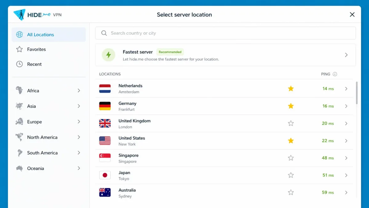 The hide.me VPN server location picker showing a searchable list of countries and cities with a favorites star and a one-click fastest-server option at the top.