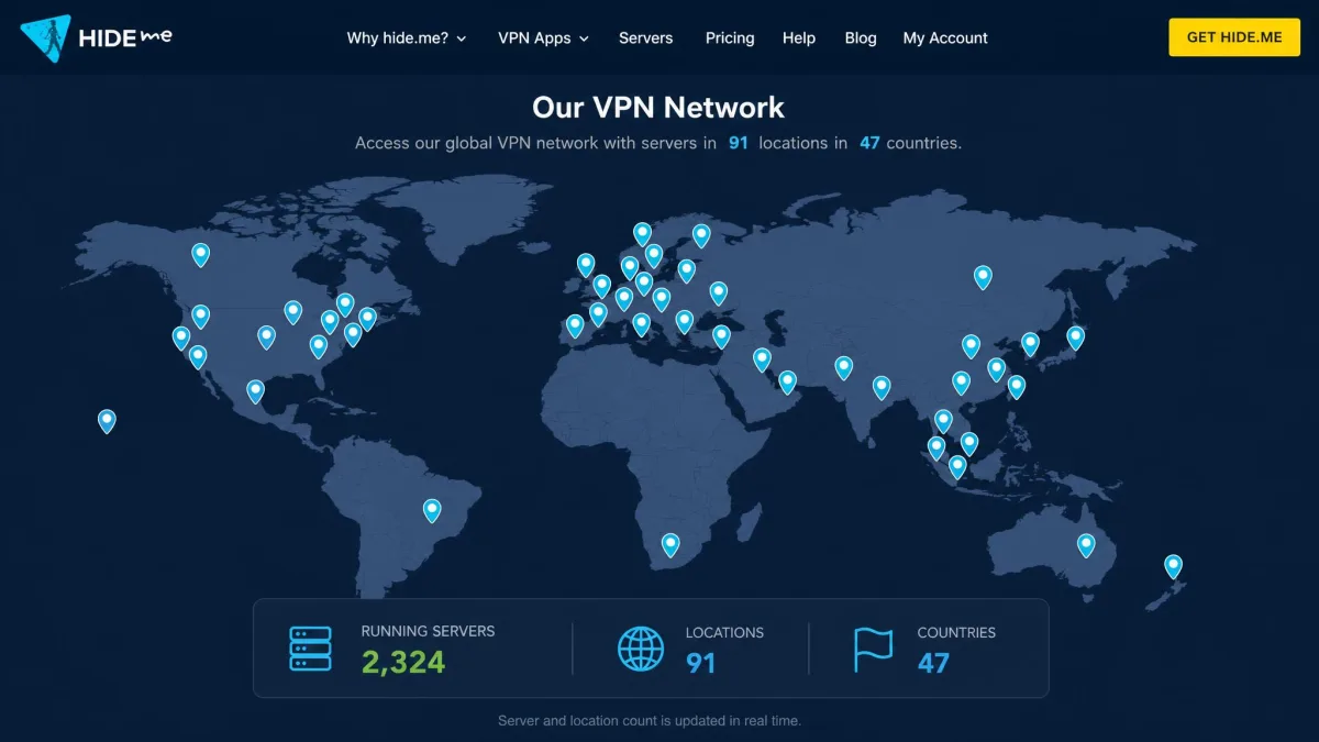 A world map from the hide.me VPN network page with pins marking server locations across North America, Europe, and Asia, alongside a running server and country count.