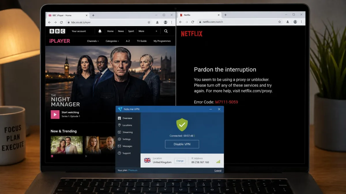 A laptop running BBC iPlayer successfully while connected to a UK hide.me VPN server, next to a browser tab showing a Netflix proxy-detected error on the same connection.