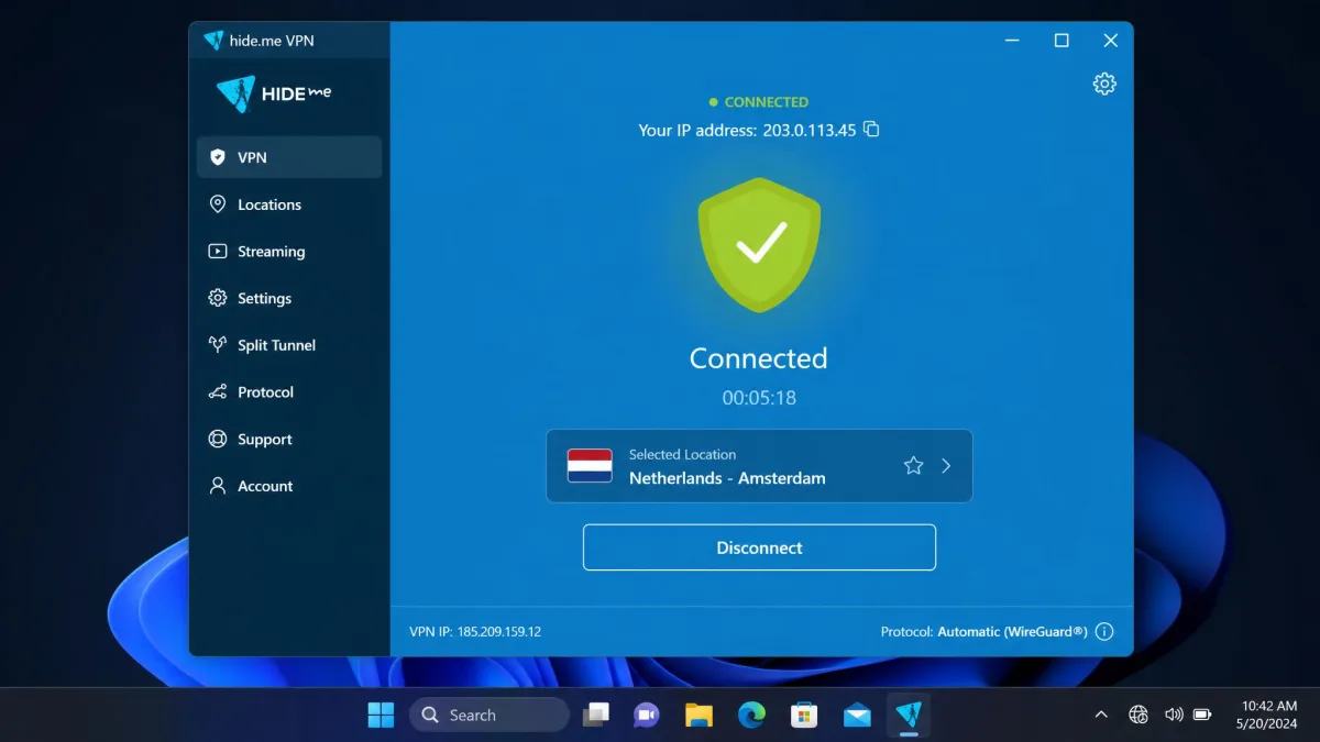 The hide.me VPN Windows app in its connected state, showing a large connect toggle, the chosen server location, and the current IP address masked behind the VPN.