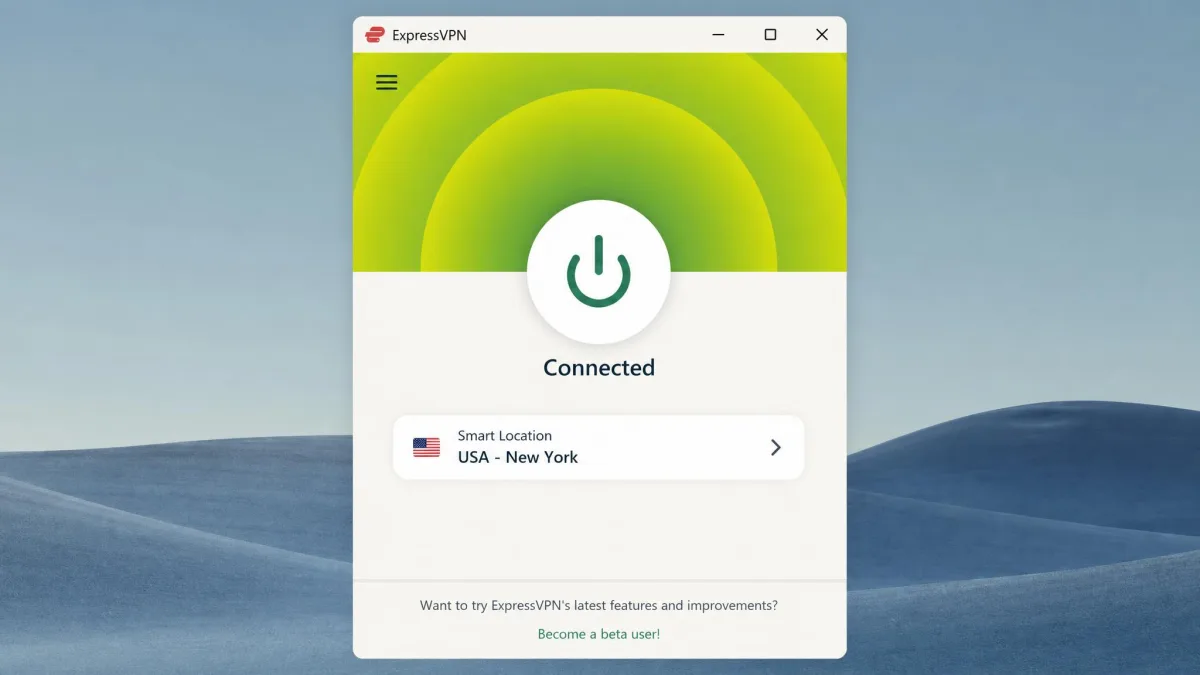 ExpressVPN's desktop app with the large round connect button active and a recommended Smart Location in the United States shown beneath it.