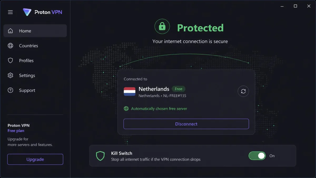 Proton VPN's free plan connect screen on Windows, showing an automatically chosen free server, the green protected status and the kill switch toggle.