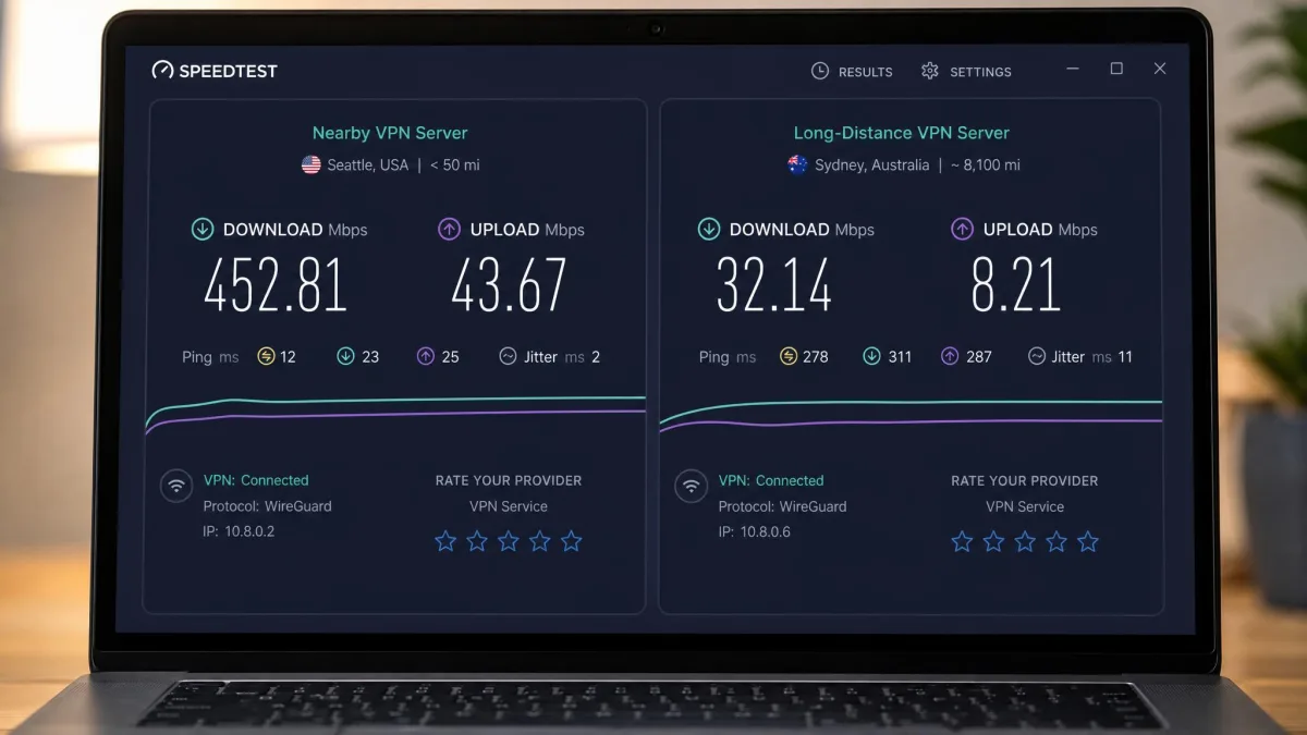 Two side-by-side speed test results on a laptop, comparing download speed on a nearby VPN server with a long-distance server in Australia.