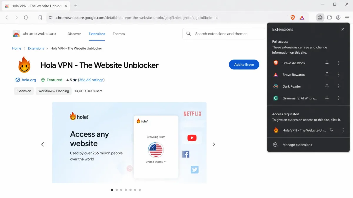The Brave browser showing the Chrome Web Store Hola VPN listing with an Add to Brave button, plus Brave's own extensions menu open in the background.