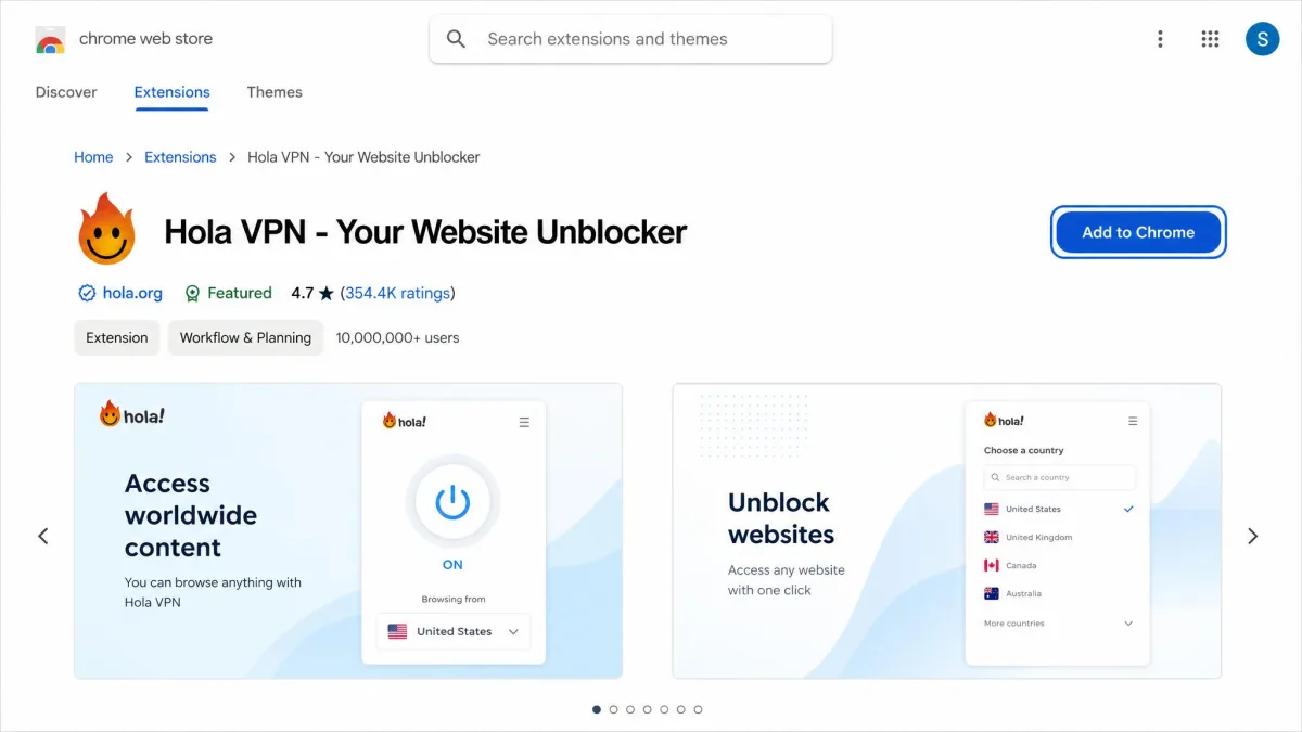 The Hola VPN listing in the Chrome Web Store with the blue Add to Chrome button highlighted and the star rating visible below the title.